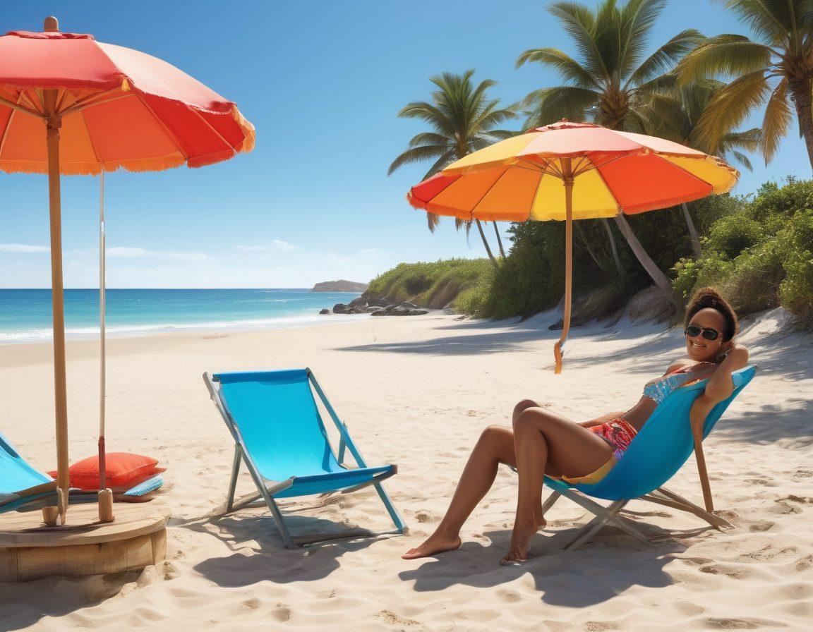 A vibrant summer beach scene with colorful swimwear displayed on stylish racks, featuring models of diverse ethnicities showcasing trendy bathing suits. The sandy shore in the background has sunbathers and beach umbrellas, with waves lapping at the coastline under a sunny blue sky. Include playful beach accessories like sunglasses and flip-flops artistically arranged. Bright, cheerful colors and a fun, inviting atmosphere. super-realistic. vibrant colors. 3D.