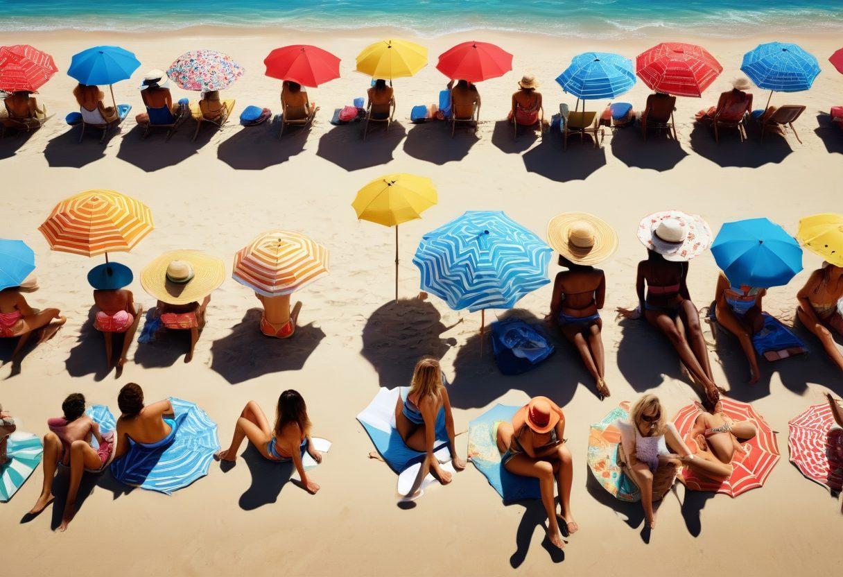 A sunny beach scene featuring a diverse group of stylish individuals in vibrant, trendy beachwear. Incorporate fun accessories like wide-brimmed hats and sunglasses, with waves gently lapping at the shore and colorful beach umbrellas in the background. Show a mix of patterns and fabrics to highlight comfort and fashion. The sky should be a bright blue, adding to the overall cheerful ambiance. super-realistic. vibrant colors. 3D.